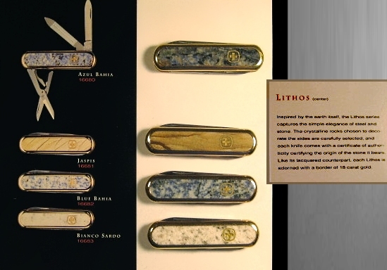 A catalogue page and the actual knives from the Wenger luxury Lithos series.  
These knives have the main tools of the Esquire model, but feature 18K 10 micron gold plated scales with highly polished stone inlays.  
**Image by: vaswiss (SOSAK); image processing by ICFT.