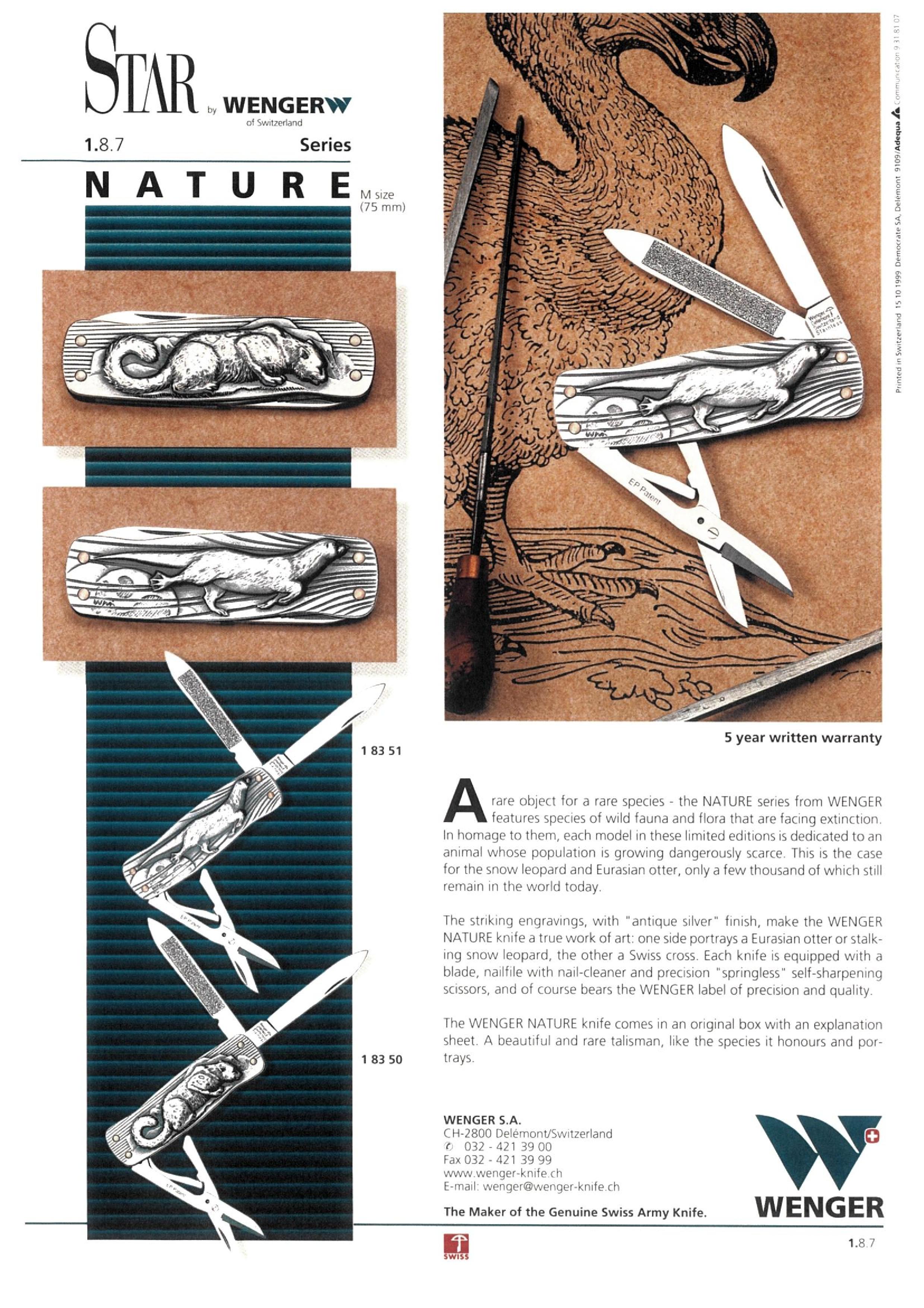 Nature Series Sales Sheet from WENGER featuring striking engravings with "antique silver" finish. 1999
By courtesy of Victorinox, 2016
