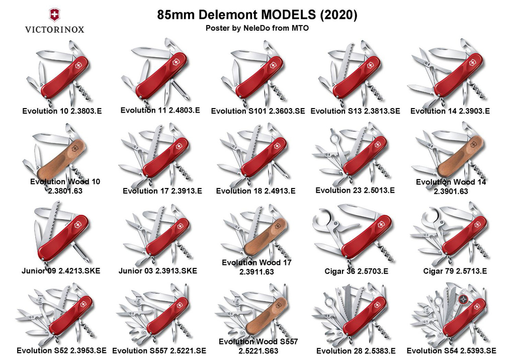 Current 85mm Delémont models as of 2020. 
Image courtesy of NeleDo from MultiTool.org.
Updated image - Original had 24,000 hits! at 21/9/23